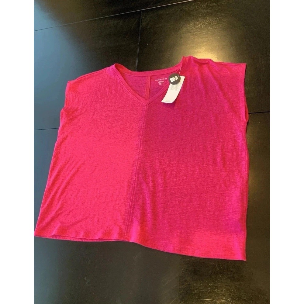 Eileen Fisher Oversized S Organic Linen Jersey Tee Fuschia Pink V-Neck Boxy